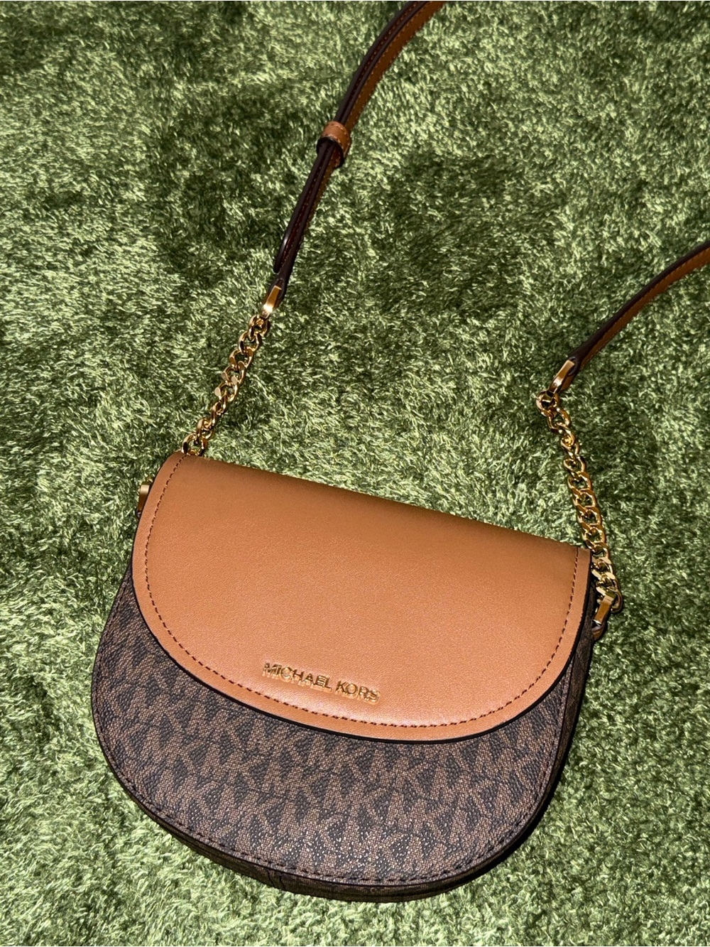 Michael Kors Brown and Tan Signature Crossbody Saddle Bag